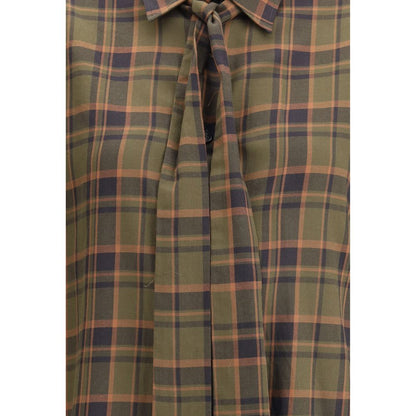 Close-up of Saint Laurent Green Cotton Pattern Shirt with check pattern and lavallière bow.