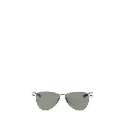 Saint Laurent Silver Metal Sunglasses with triangular frame and nylon lenses on a white background