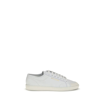 Alt Tag: Saint Laurent White Calf Leather Bos Taurus Low Top Sneakers with a gold signature and rubber sole for stylish comfort.