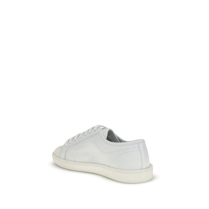 Saint Laurent White Calf Leather Bos Taurus Low Top Sneakers with lace-up design and gold signature, viewed from the back.
