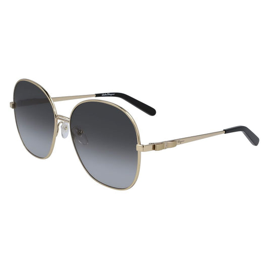 Salvatore Ferragamo Gold Metal Sunglasses with gray gradient lenses and slender metal frames.