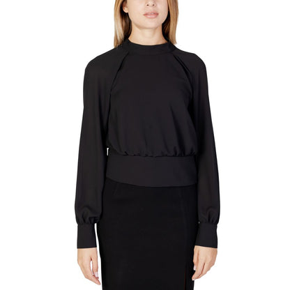 Sandro Ferrone Black Polyester Blouse with long sleeves, high neckline, and buttoned cuffs, elegant and versatile women’s fashion.