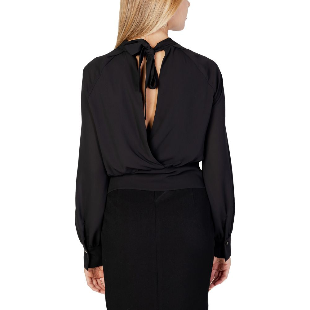 Back view of Sandro Ferrone Black Polyester Blouse with long sleeves and open back tie detail