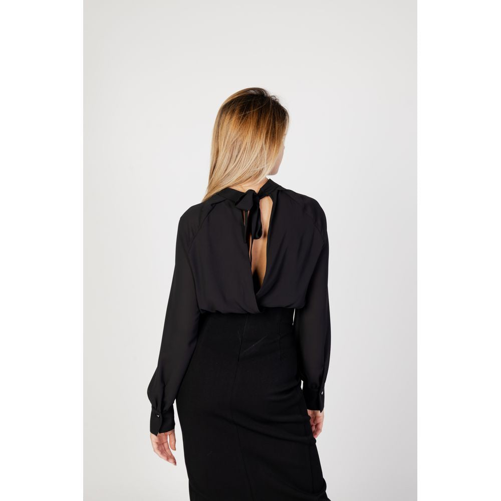 Back view of Sandro Ferrone Black Polyester Blouse with long sleeves and buttoned cuffs, showcasing elegant design and high neckline.