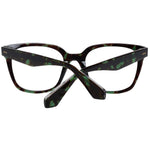 Sandro Multicolor Women Glasses Frame, trapezium style, full-rim plastic frame, green-brown pattern, demo lenses, branded case included.