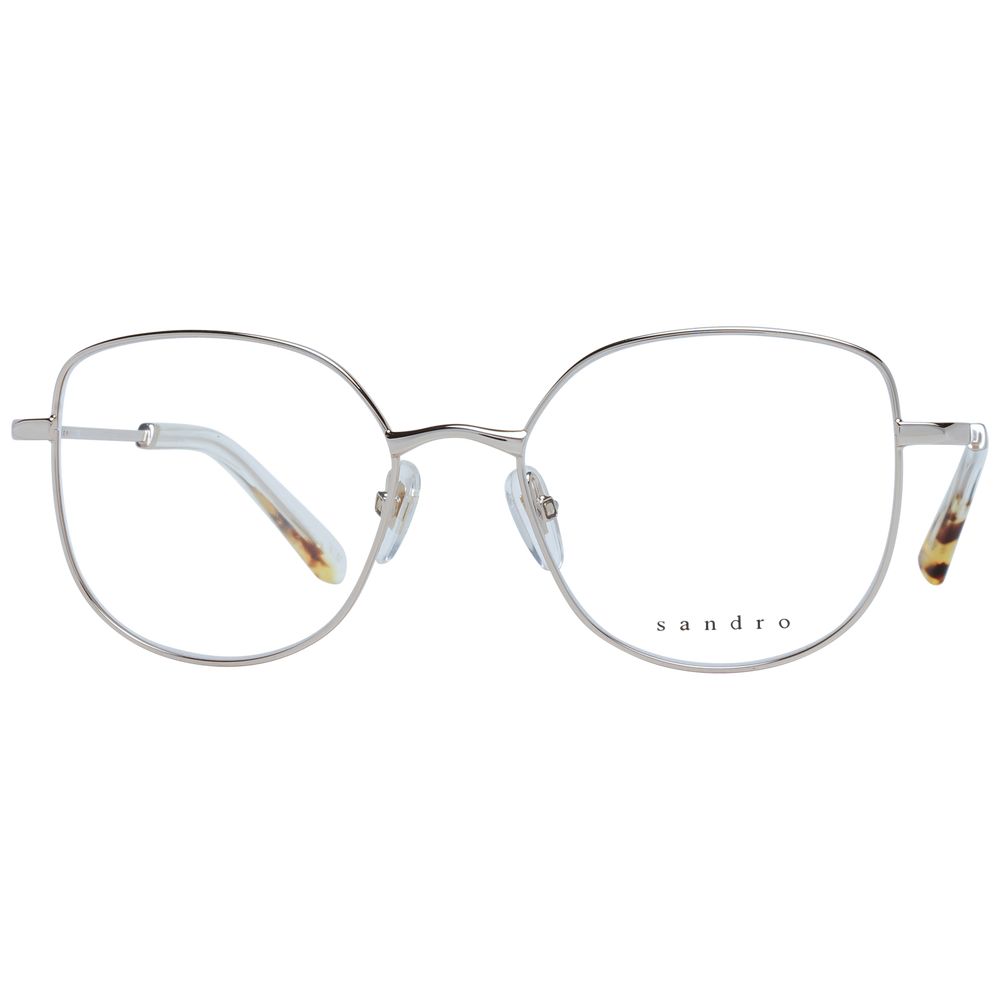 Sandro Silver Women Glasses Frame in stainless steel with full-rim design, demo lenses, and square style, includes branded case.