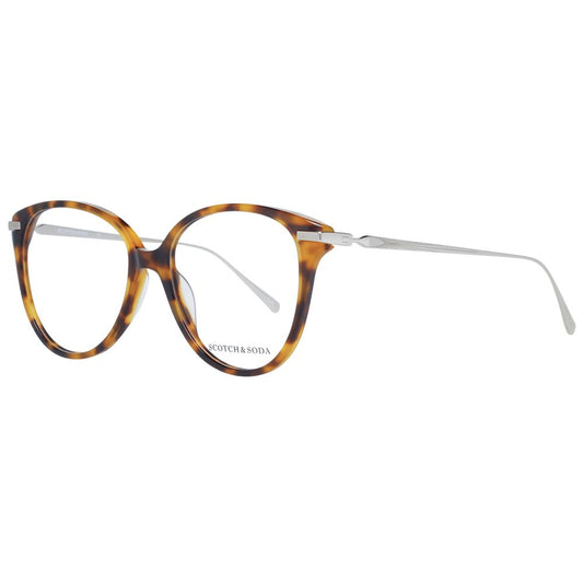 Scotch & Soda Brown Women Glasses Frame, full-rim acetate with demo lenses, size 53-16-145, stylish round design, branded case included.
