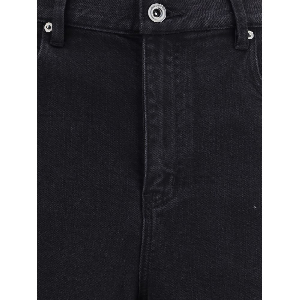 Close-up of Self-Portrait Black Cotton High-Waisted Jean showcasing front detail and button closure, highlighting barrel leg fit and design.