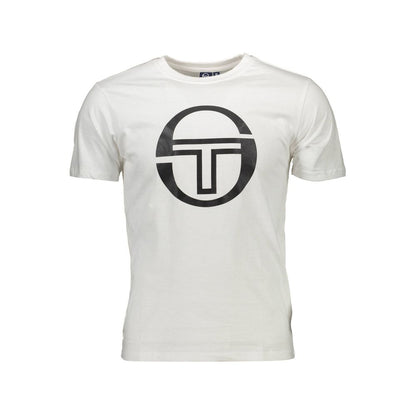 Sergio Tacchini White Cotton Men T-Shirt with bold print and signature logo, short sleeve, crew neck, premium casual luxury fashion.