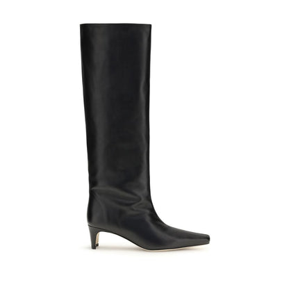 Staud Black Calf Leather Bos Taurus Boots with sleek high silhouette, tapered toe, and slim kitten heel.