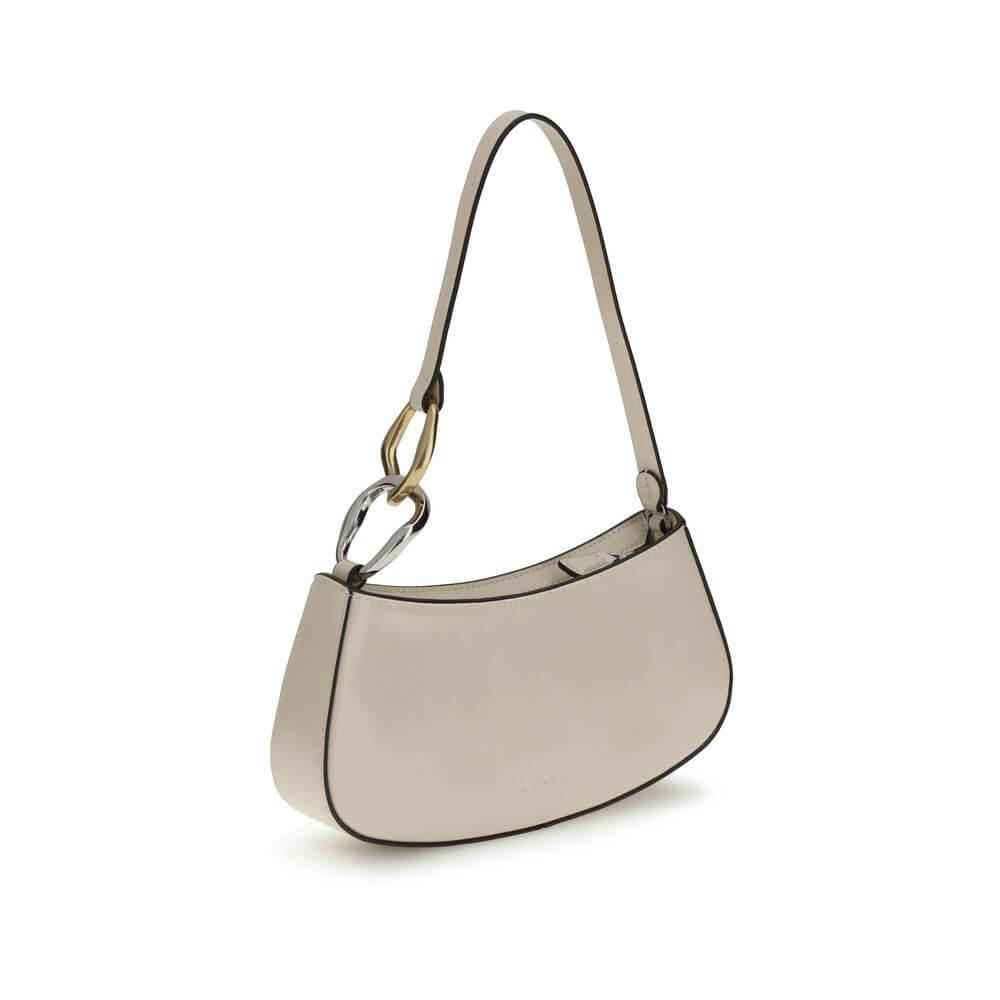 Staud Cream Calf Leather Bos Taurus Shoulder Bag with flat strap and double snap hook detail, perfect for daily essentials.