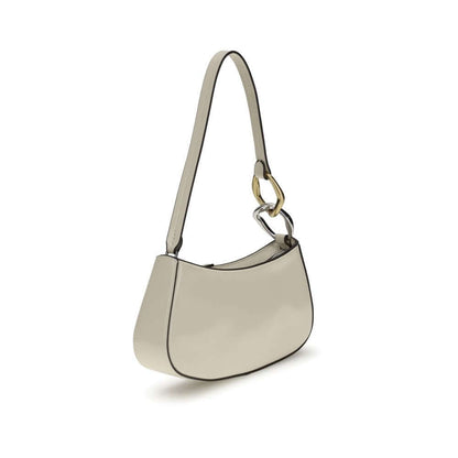 Staud Cream Calf Leather Bos Taurus Shoulder Bag with flat strap and double snap hook detail, zip closure, and interior pocket.