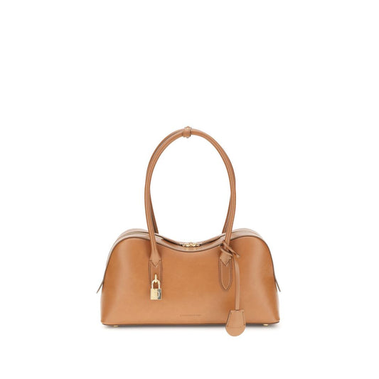 Stella McCartney Beige Nylon Shoulder Bag with logoed padlock and two round handles, showcasing sustainable leatherette design.