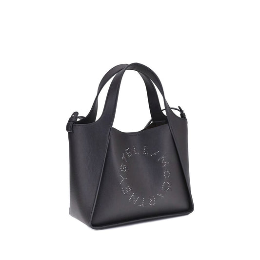 Stella McCartney Faux leather Tote Bag with monogram, flat top handles, and adjustable strap, elegant black design for versatile use.