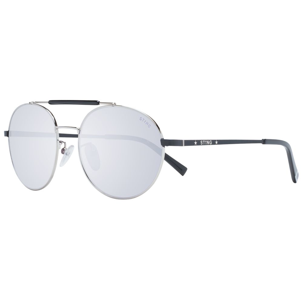 Sting Gray Men Sunglass, grey metal full-rim aviator style with mirrored plastic lenses, branded case included.