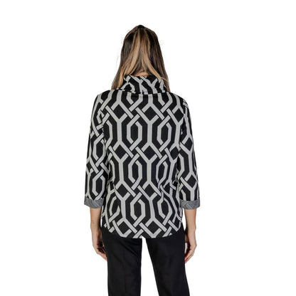 Back view of Street One Black Polyester Sweatshirt with geometric jacquard pattern and scarf collar, showcasing modern knitwear style.