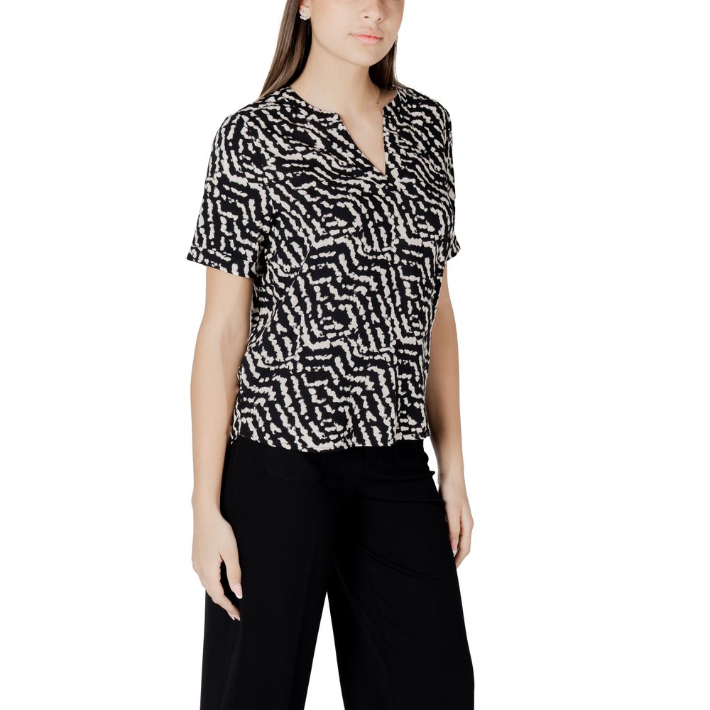 Street One Black Viscose Blouse featuring short sleeves and a V-neck design, worn by a model against a white background.