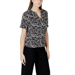 Street One Black Viscose Blouse featuring short sleeves and a V-neck design, worn by a model against a white background.