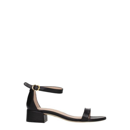 Stuart Weitzman Black Leather Flat Sandals with buckle closure, open toe, and mid heels for casual style.