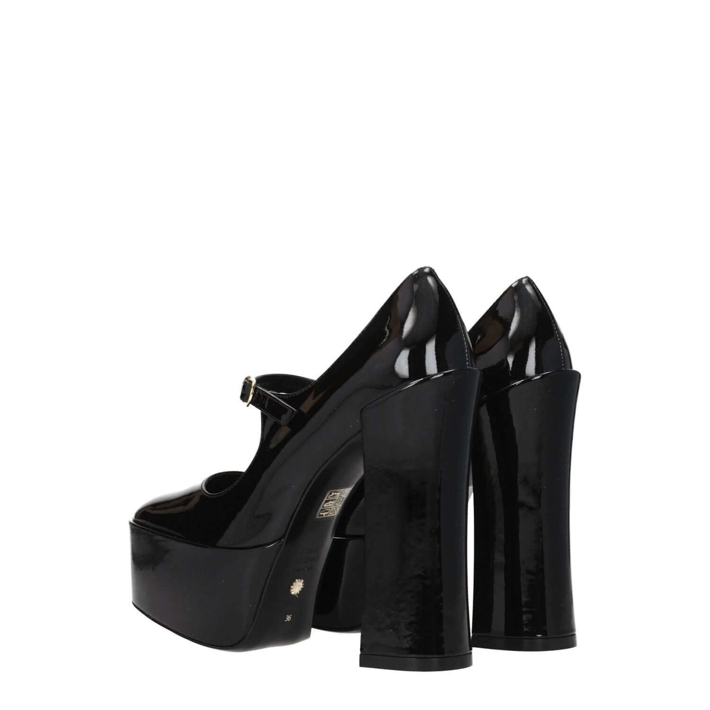 Stuart Weitzman Black Leather Platform Pumps featuring patent leather, high heel, buckle closure, and round toe style.