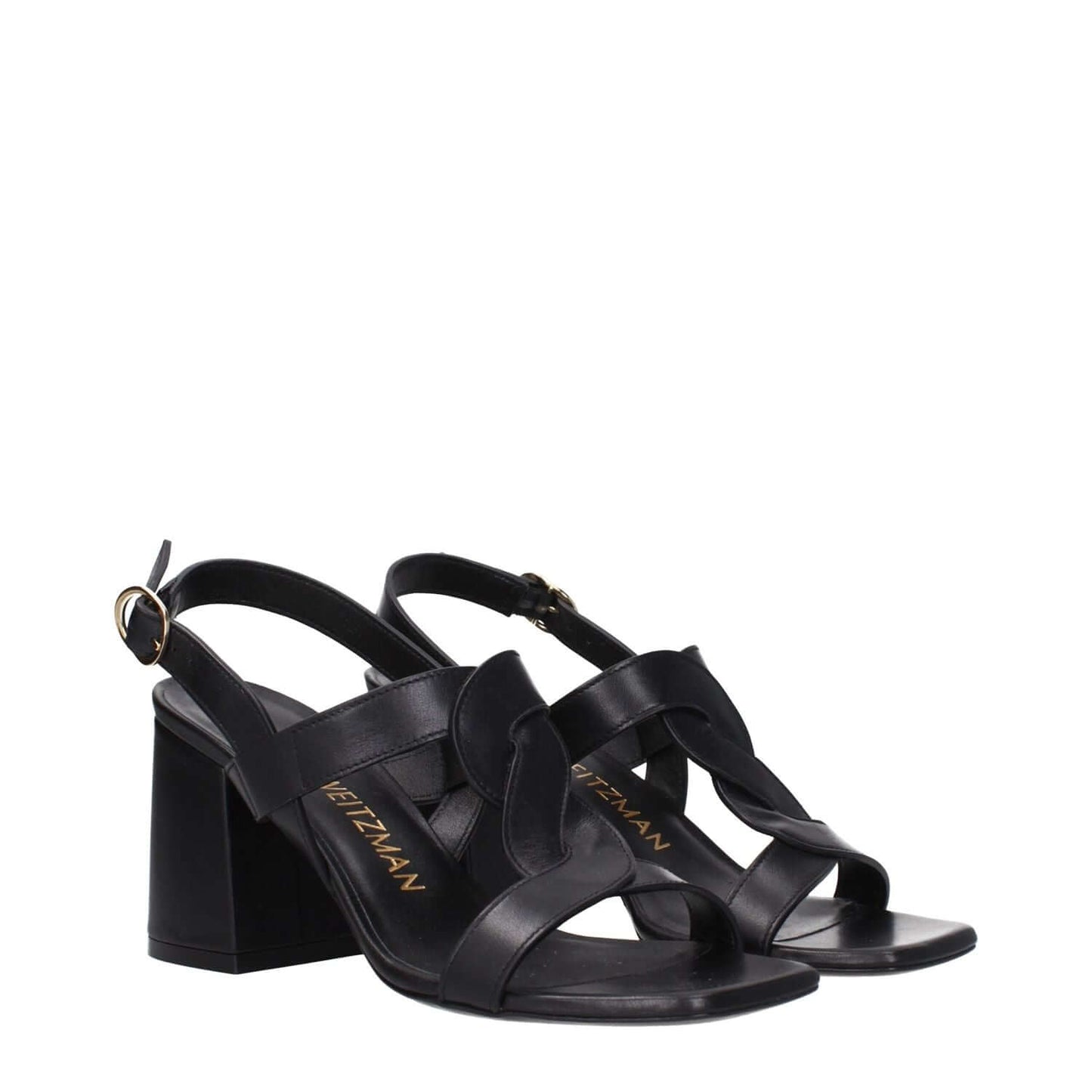 Stuart Weitzman Black Leather Platform Sandals with buckle closure, mid heels, and open toe. Stylish and casual high-quality footwear.