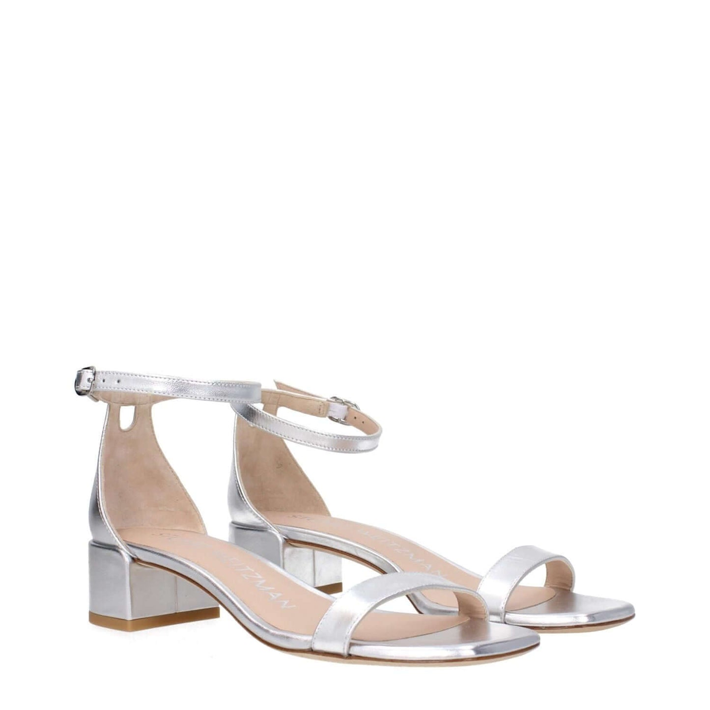 Stuart Weitzman Gray Leather Sandals with buckle closure, open toe, mid heels, and leather sole, style NUDISTCURVE35LIDSA535SILVER.