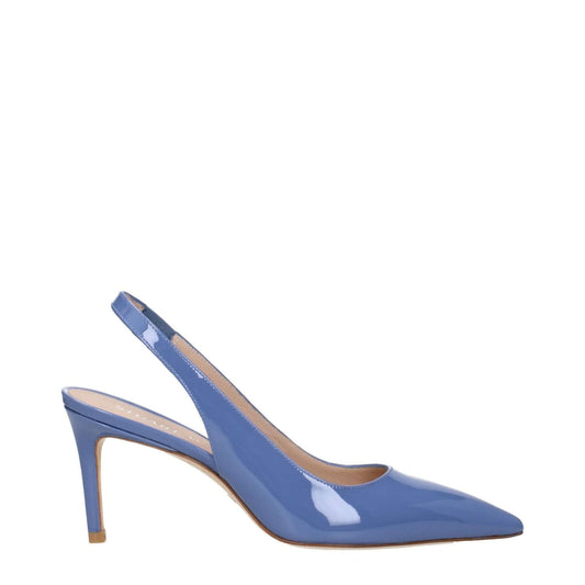 Stuart Weitzman Light Blue Leather High Heel Pumps in patent leather with 7.5 cm heel, pointy toe, and leather sole.