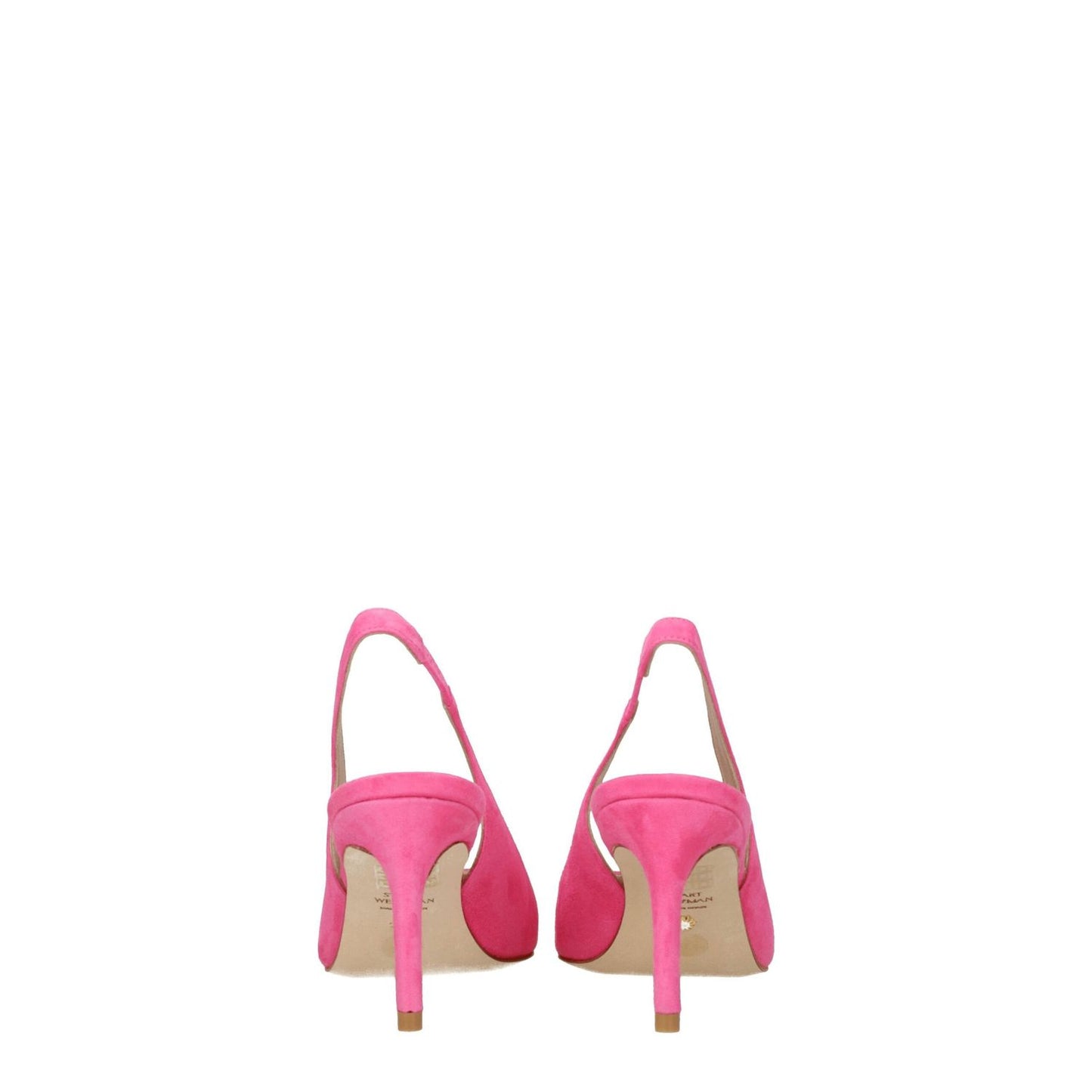 Stuart Weitzman Pink Leather High Heel Pumps with pointy toe and mid heels, back view showing suede material and leather sole.