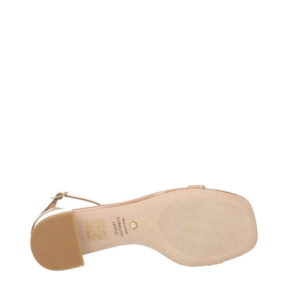 Stuart Weitzman Pink Leather Sandals with open toe and buckle closure, showing leather sole view.