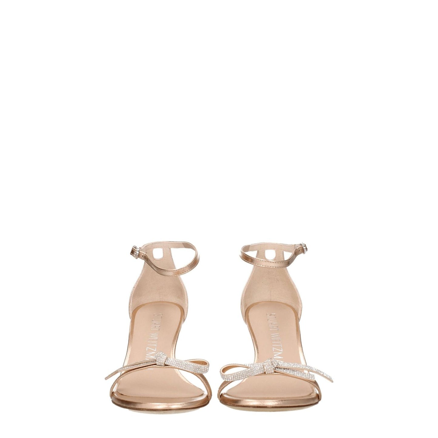 Stuart Weitzman Pink Leather Stiletto Heels Sandals with metallic bow accents, mid heels, and open toe, showing silver and ballet flats colors.