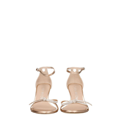 Stuart Weitzman Pink Leather Stiletto Heels Sandals with metallic bow accents, mid heels, and open toe, showing silver and ballet flats colors.