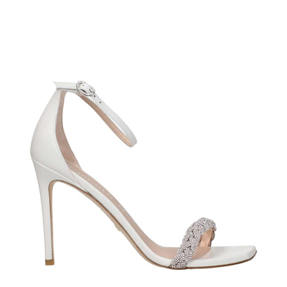 Stuart Weitzman White Leather Stiletto Heel Sandals with open toe, buckle closure, and embellished with rhinestones.