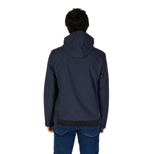 Back view of Suns Blue Polyester Jackets & Coat with hood, featuring modern design and zip pockets.
