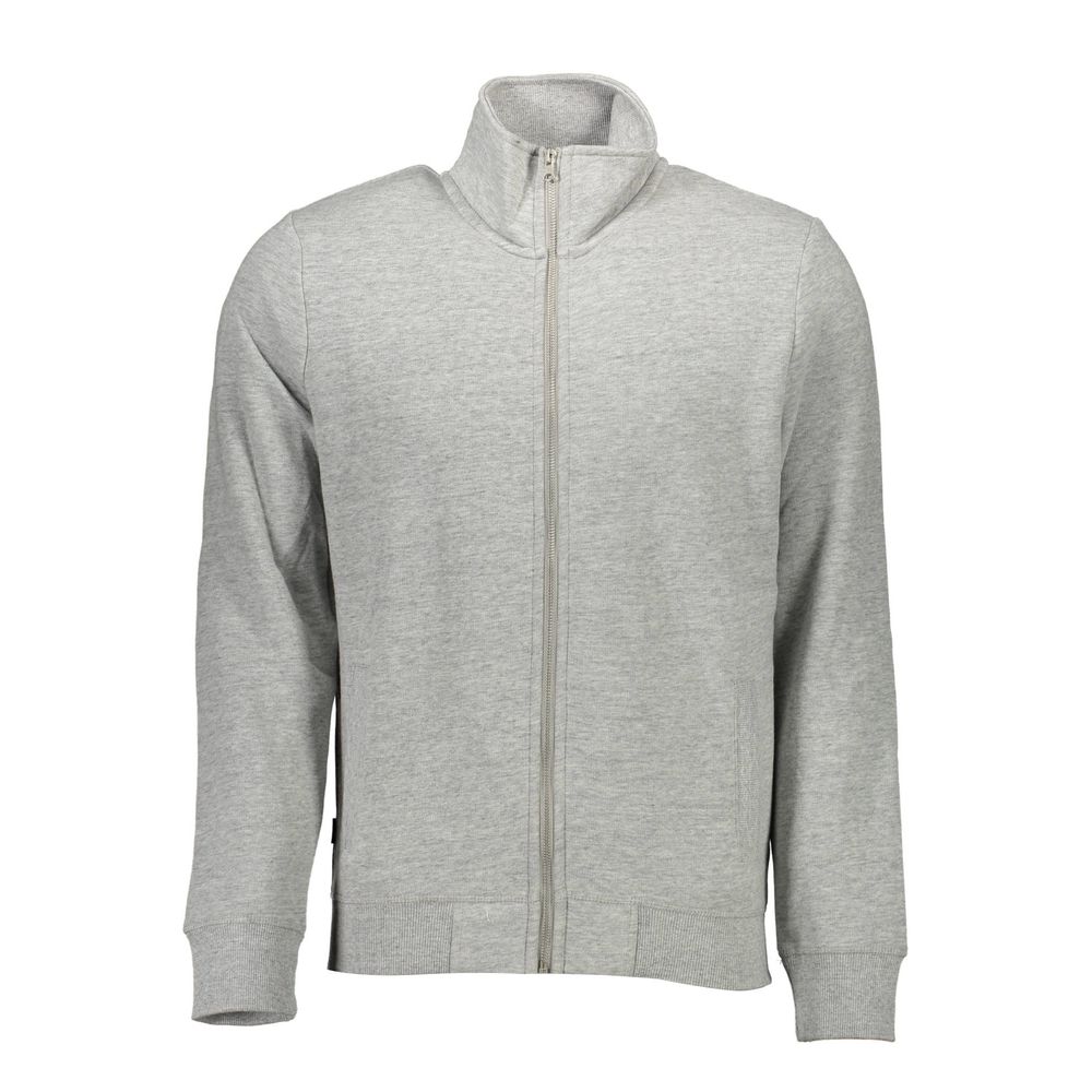 Superdry Gray Cotton Men's Sweater with zipper and two pockets, showcasing subtle Superdry logo embroidery, ideal for casual comfort.
