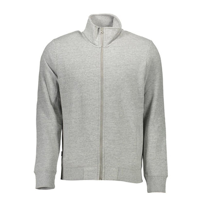 Superdry Gray Cotton Men's Sweater with zipper and two pockets, showcasing subtle Superdry logo embroidery, ideal for casual comfort.