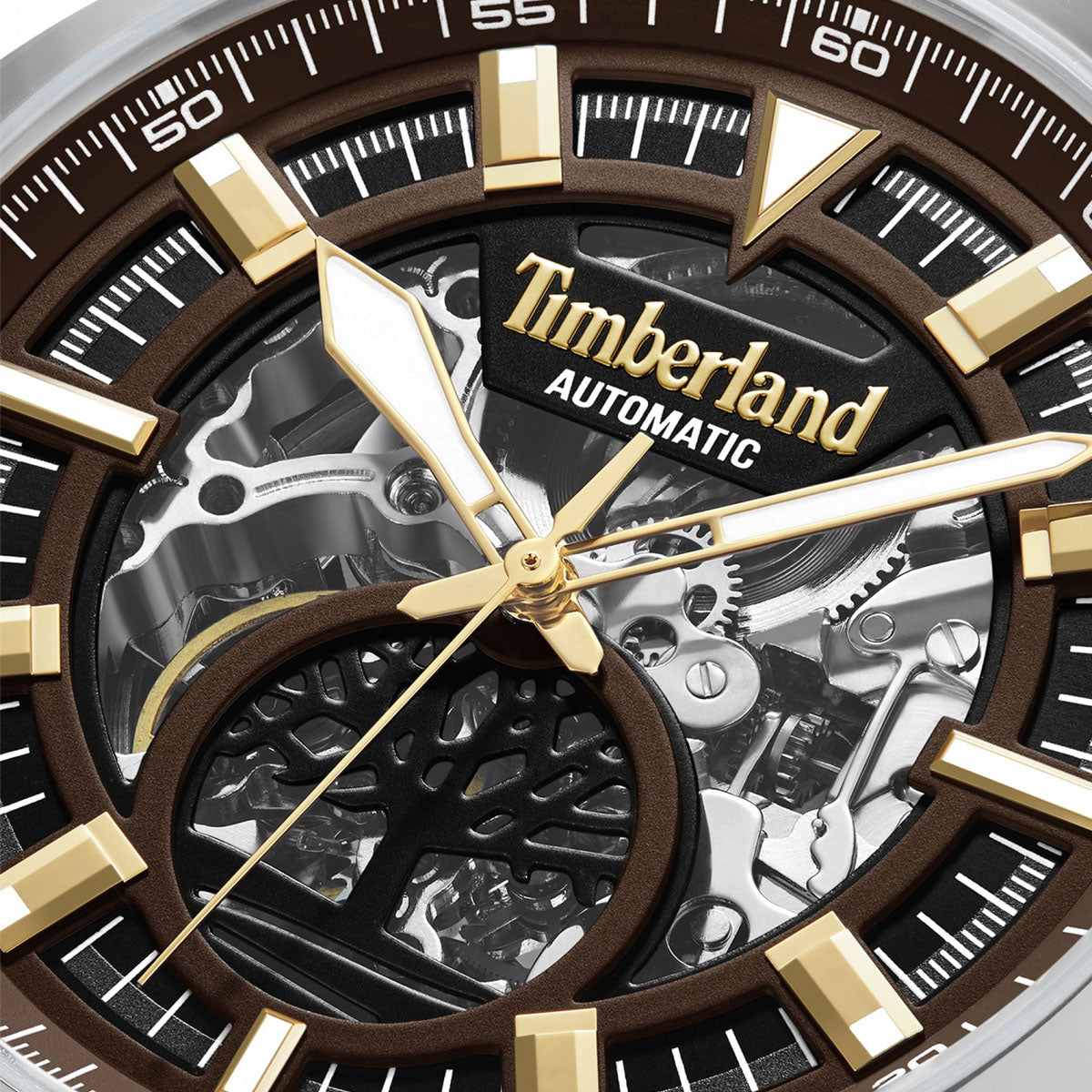 Close-up of TIMBERLAND WATCHES Mod. TDWGE0055203 showcasing intricate gears and design on the watch face.