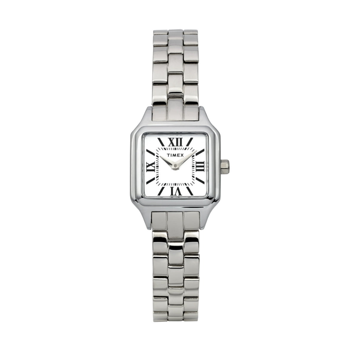Silver TIMEX WATCHES Mod. TW2Y23800 with Roman numerals on the face and linked metal bracelet, showcasing classic design and elegance.
