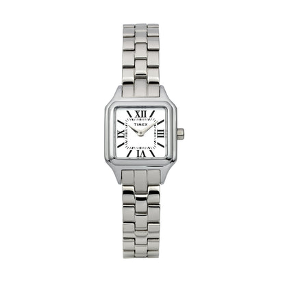 Silver TIMEX WATCHES Mod. TW2Y23800 with Roman numerals on the face and linked metal bracelet, showcasing classic design and elegance.