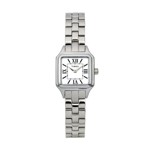 Silver TIMEX WATCHES Mod. TW2Y23800 with Roman numerals on the face and linked metal bracelet, showcasing classic design and elegance.