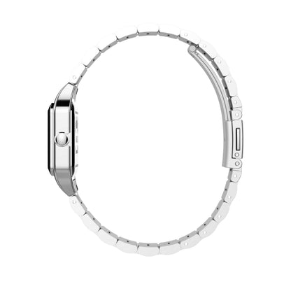 Side view of TIMEX WATCHES Mod. TW2Y23800 with silver metallic strap, elegant design.