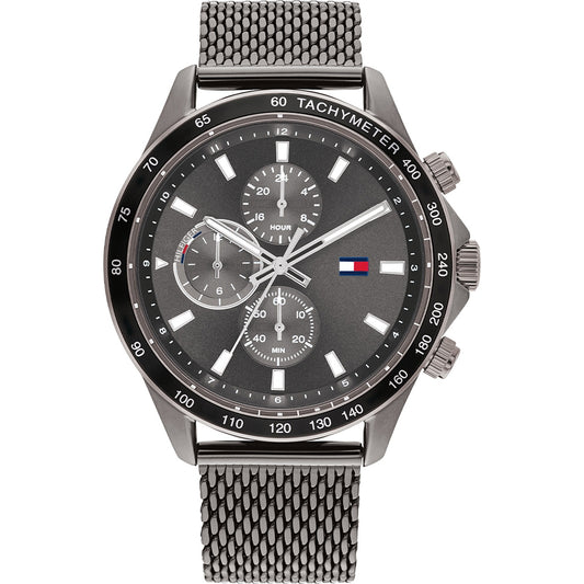 TOMMY HILFIGER MOD. MILES watch with black dial and metal mesh strap, featuring a tachymeter bezel.