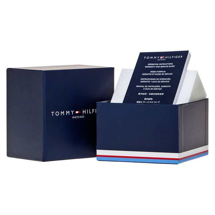 Official packaging for TOMMY HILFIGER Mod. 1720027 unisex quartz analog watch with 3 ATM water resistance and multifunction features.