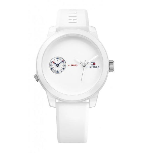 TOMMY HILFIGER Mod. 1791324 men's quartz analog watch with white dial and strap, water-resistant to 3 ATM, in official packaging.