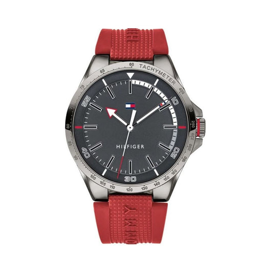 TOMMY HILFIGER Mod. 1791527 gent's quartz analog watch with 44mm case, multifunction dial, and red bracelet. Water resistant 3 ATM.