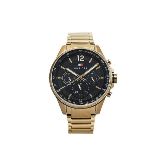 TOMMY HILFIGER Mod. 1791974 gold-tone quartz analog men's watch with black dial and bracelet, water resistant to 5 ATM.