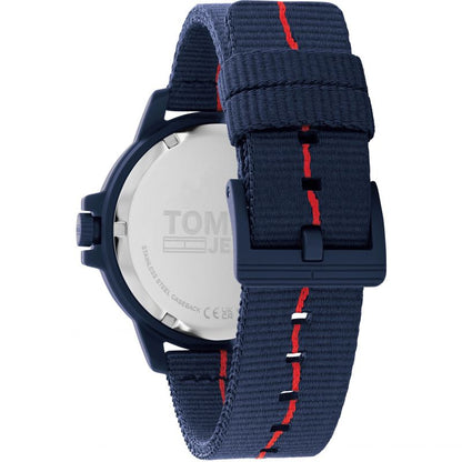 TOMMY HILFIGER Mod. 1791997 men's quartz watch back view with blue strap, multi-function dial, 3 ATM water resistance, official packaging.