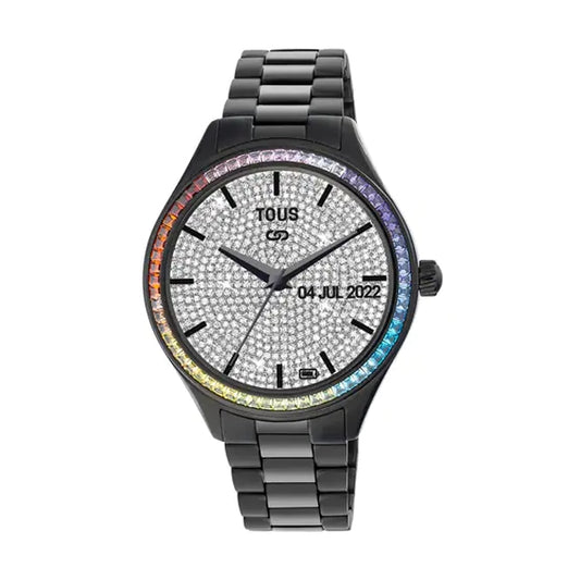 Sleek black watch design - TOUS WATCHES Mod. 200351040 with colorful bezel and crystal-studded dial for modern elegance.