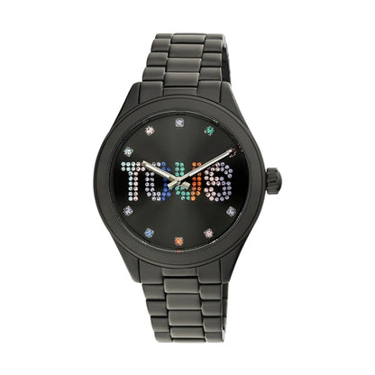 TOUS WATCHES Mod. 200351113 black steel watch with colorful dial detailing on white background