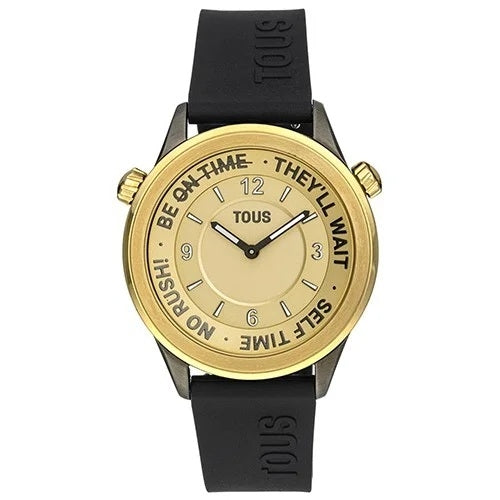 TOUS WATCHES Mod. 3000133300 featuring a gold-tone bezel, black strap, and unique dial design with motivational inscriptions.