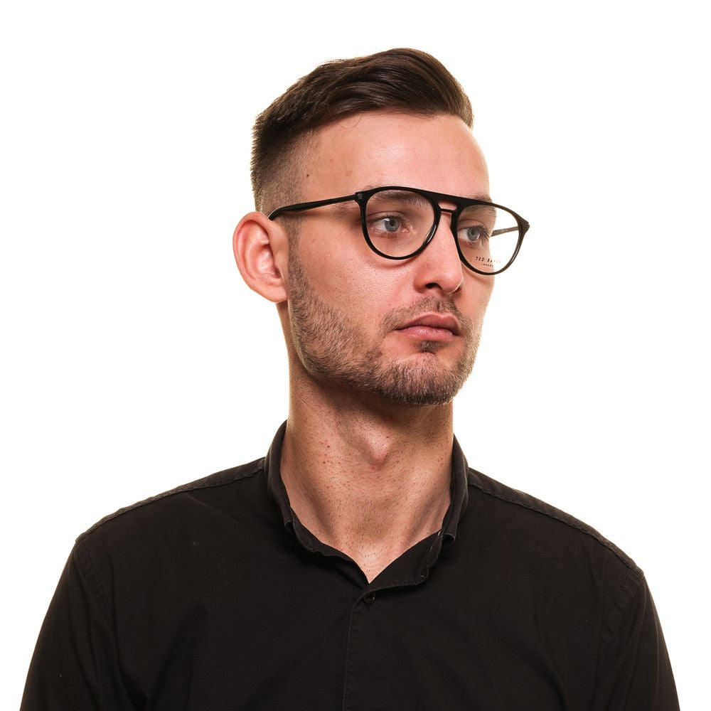 Man wearing Ted Baker Black Men Glasses Frame with plastic full-rim style.